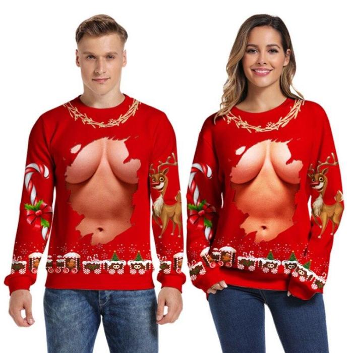Ugly Christmas Sweater 3D Antler Print Novelty Ugly Christmas Sweater Unisex Men Women Long Sleeve Pullover Jumpers Sweater