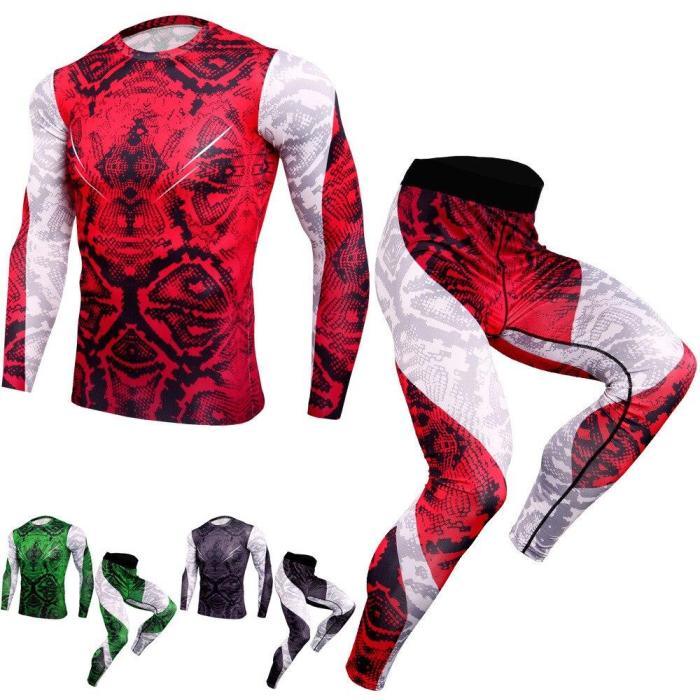 Fashion  Fitness Compression Sets T Shirt Men 3D Printed Mma Bodybuilding Muscle Shirt Leggings Base Layer Tight Tops