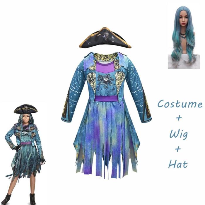 Mardi Gras Blue Descendants 3 Uma Costumes Long Sleeves Party Funny Cosplay Girls Wig+Dress Halloween Costume For Kids