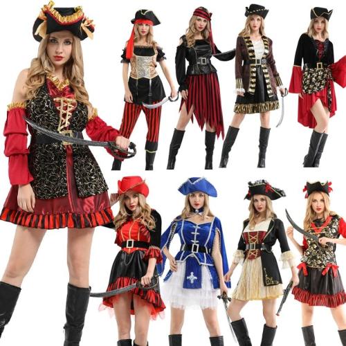 Halloween Party Pirate Cosplay Costume Caribbean Pirates  With Hat Headwear Holiday Adult Women'S Party Supplies