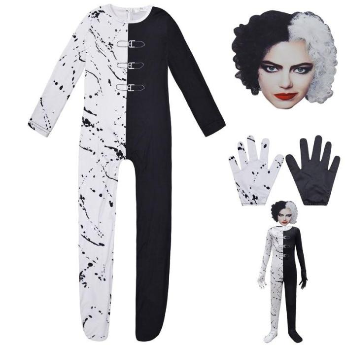 Halloween Costume Black White Cruella De Vil Cosplay Jumpsuit Mask For Girls