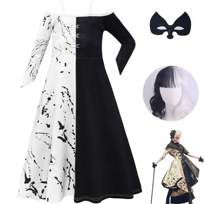 Movie Cruella De Vil Cosplay Costume Girls Gown Maid Dress Halloween Party Wig And Mask