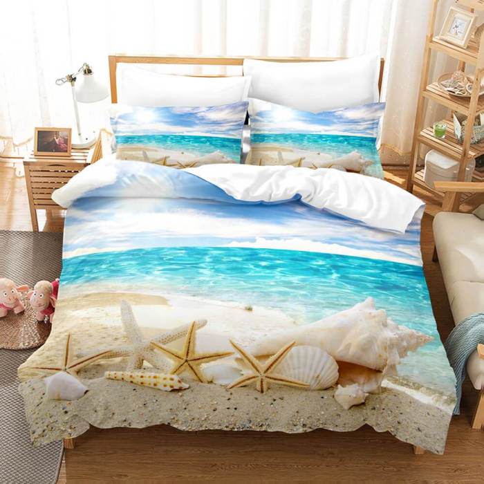 3-Piece Ocean Bedding Set Duvet Cover Set Blue Sea Starfish Bed Sheets