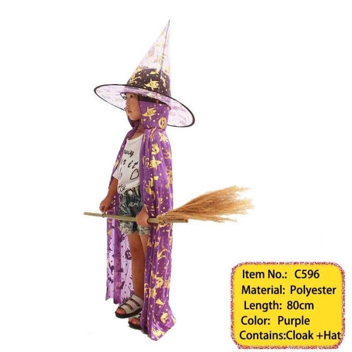 Halloween Costume Satin Cape With Hat For Kids Boys Wizard And Girls Witch Cosplay Halloween Party