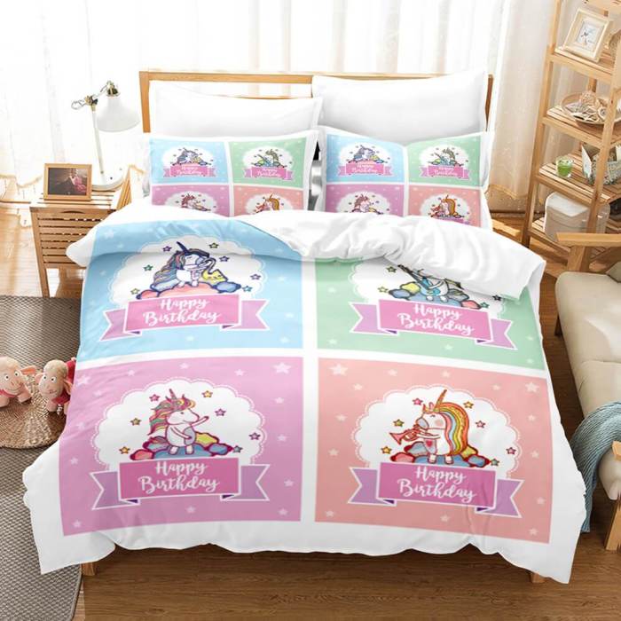 Cartoon Unicorn 3 Piece Bedding Set Duvet Covers Comforter Bed Sheets