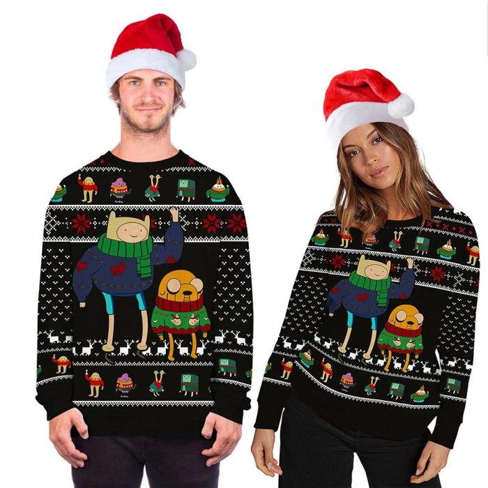 Christmas Couple Clothing Cute Cartoon 3D Printed Sweater Fashion Unisex Long-Sleeved Hooded Ugly Christmas Sweater