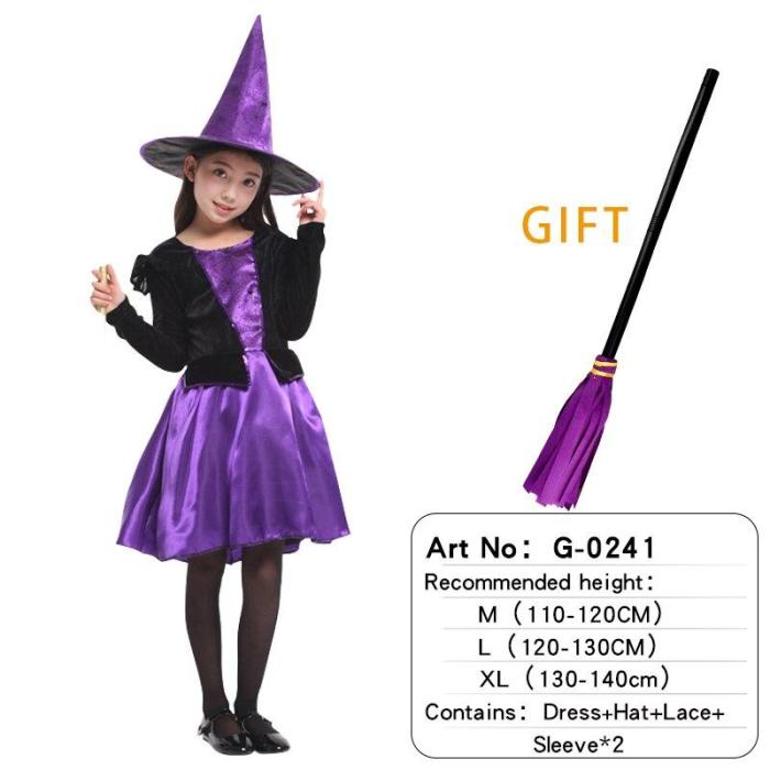 Halloween Witch Costume Attached Broom For Girls Party Role Play Cosplay Performance Dance Show Vampire Hat Dress Up