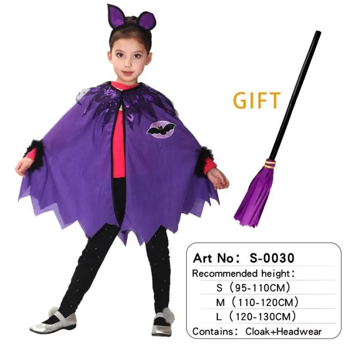 Halloween Witch Costume Attached Broom For Girls Party Role Play Cosplay Performance Dance Show Vampire Hat Dress Up