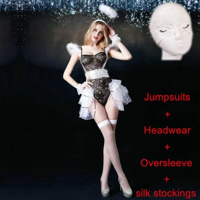 Halloween Sexy Costumes Women Cosplay Dress Fantasy Party Fancy Dress Adult White Black Angel Costume Wings Headwear