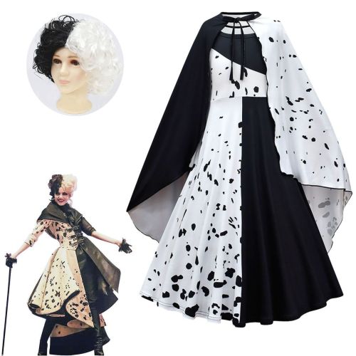 Movie Cruella De Vil Cosplay Costumes Kids Gown Black White Maid Dress Halloween Party Dress With Cloak Wig