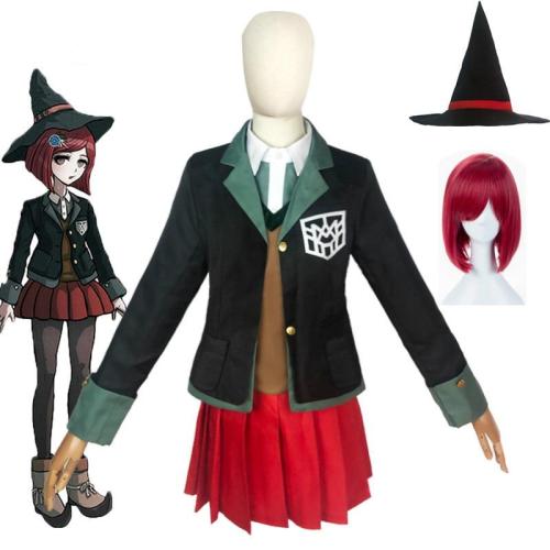 Danganronpa Magician Yumeno Himiko Cosplay Costume School Girl Uniform Halloween Party Skirt Set Suit Red Wig Magic Hat