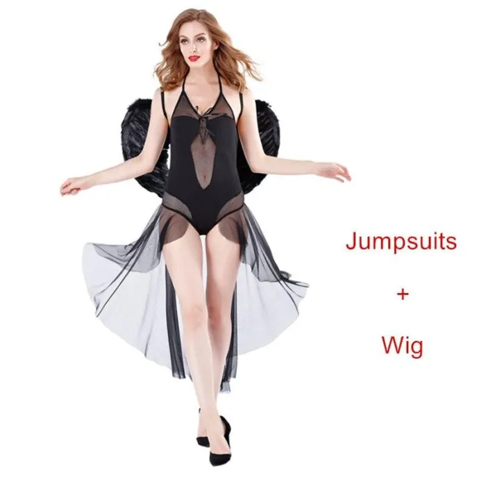 Halloween Sexy Costumes Women Cosplay Dress Fantasy Party Fancy Dress Adult White Black Angel Costume Wings Headwear