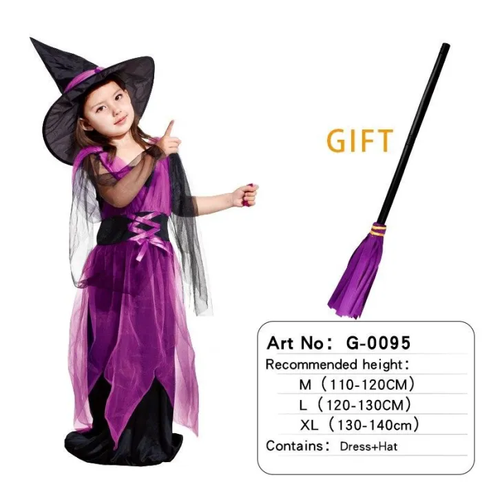 Halloween Witch Costume Attached Broom For Girls Party Role Play Cosplay Performance Dance Show Vampire Hat Dress Up