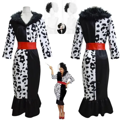 Arrival Cruella De Vil Cosplay Costume 101 Dalmatians Villain Uniform Dress Up Halloween Wig Costume For Women Xs-Xxxl