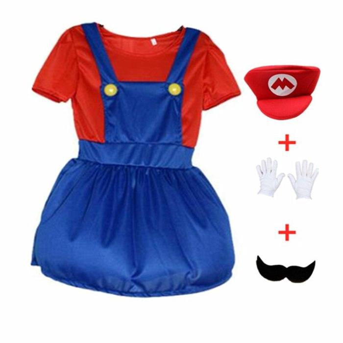 Child Super Mari Bros Cosplay Suit Kids Anime Fantasy Romper Boy Girl Halloween Party Long Sleeve Dress Hat Costume