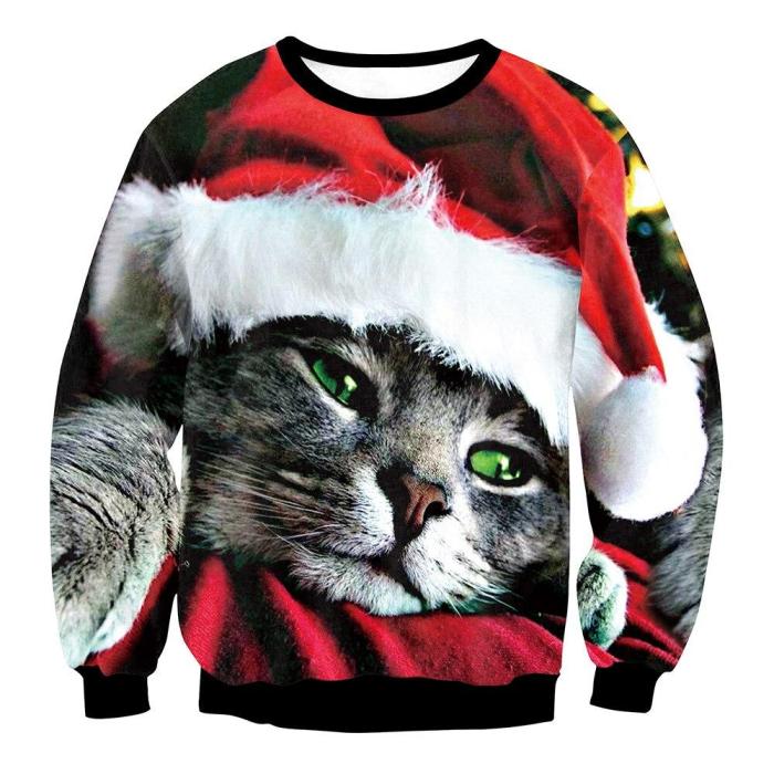 Fashion Ugly Christmas Sweater Men Women Round Neck Holiday Xmas 3D Funny Christmas Elk Printing Pullover Tops