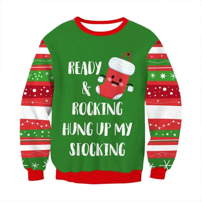 Fashion Women Ugly Christmas Sweater Xmas Socks Letter Printing Long Sleeve Round Neck Pullover Tops