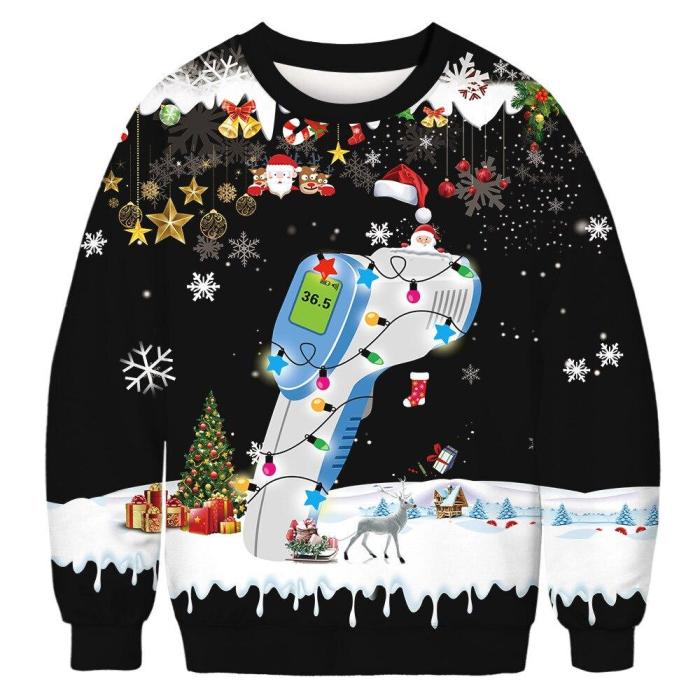 Fashion Winter Ugly Christmas Sweater Funny 3D Cartoons Printing Round Neck Sweater For Young People Casual Funny Hooded