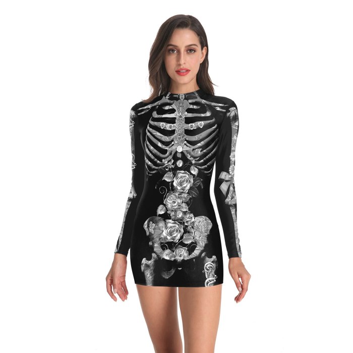 Women'S Halloween Party Costumes Scary Skeleton Skeleton Printed Tight Skirt Cosplay Sexy Ladies Long Sleeve Dress