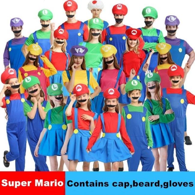 Adult Halloween Super Mario Cosplay Costumes Children Family Funy Luigi Bros Plumber Purim Costume Fancy Dress Christmas Party