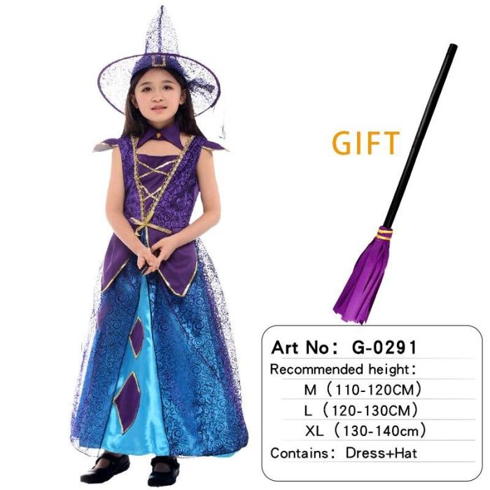 Halloween Witch Costume Attached Broom For Girls Party Role Play Cosplay Performance Dance Show Vampire Hat Dress Up