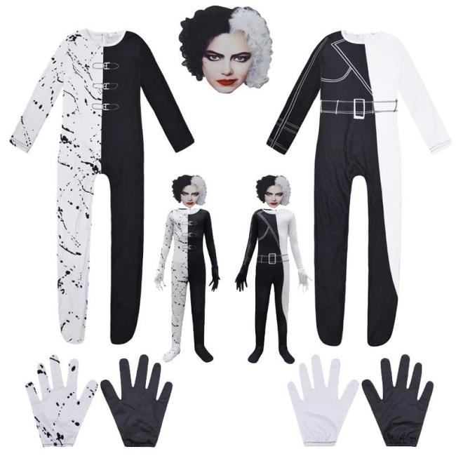 Halloween Costume Black White Cruella De Vil Cosplay Jumpsuit Mask For Girls