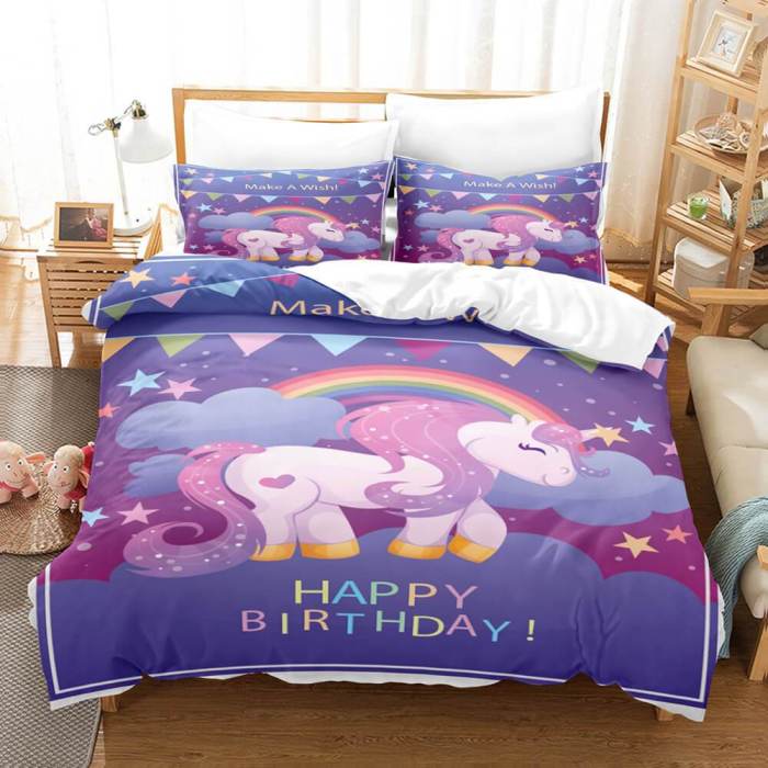 Cartoon Unicorn 3 Piece Bedding Set Duvet Covers Comforter Bed Sheets