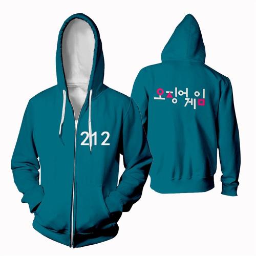 Kids Korean Round Six Squid Game Copslay 3D Print Oversized Sweatshirts Zipper Up Hoodie
