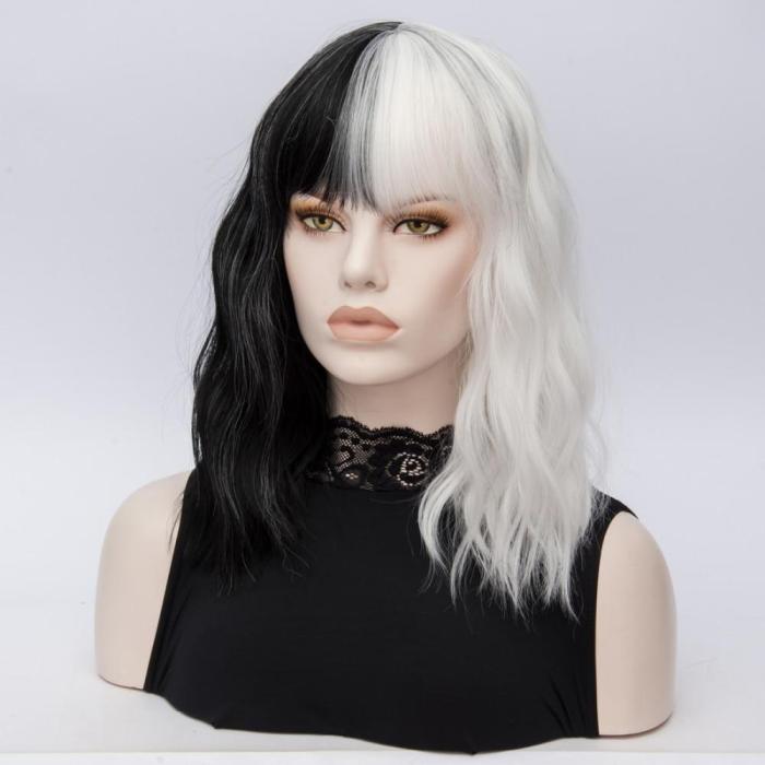 Cruella Deville De Vil Cosplay Wigs Curly Half White Half Black Heat Resistant Synthetic Hair Wig + Wig Cap