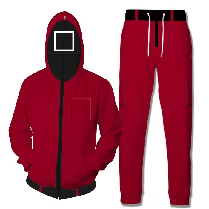 2 Pcs/Set Squid Game Tv Round Six Red Manager Square Cosplay Unisex 3D Printed Hoodie Sweatshirt Jacket With Zipper+Pant