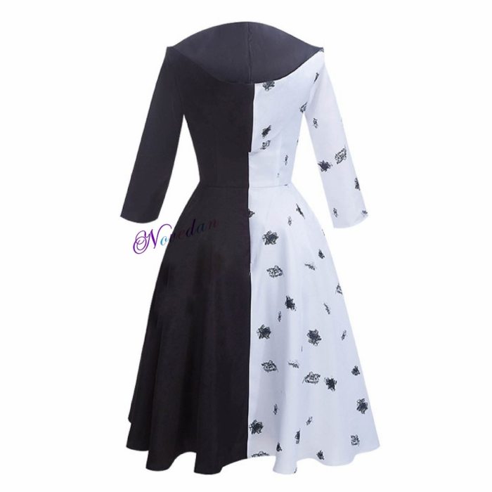 Movie Evil Madame Cruella De Vil Costume Cosplay Gown Black White Maid Halloween Dress Wig