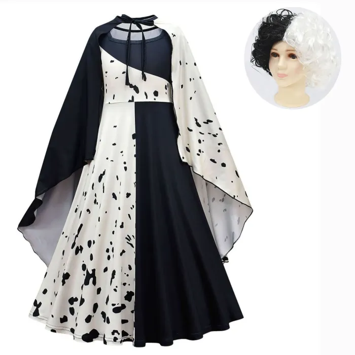 Movie Evil Madame Cruella De Vil Cosplay Costume Kids Gown Black White Maid Dress Cloak Wig