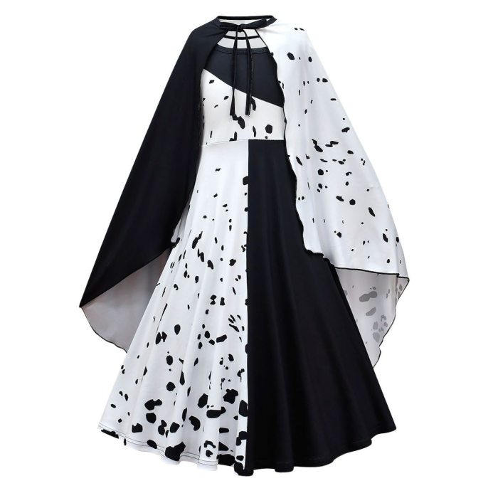 Movie Evil Madame Cruella De Vil Cosplay Costume Kids Gown Black White Maid Dress Cloak Wig