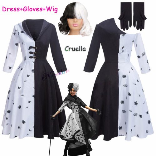 Movie Evil Madame Cruella De Vil Costume Cosplay Gown Black White Maid Halloween Dress Wig