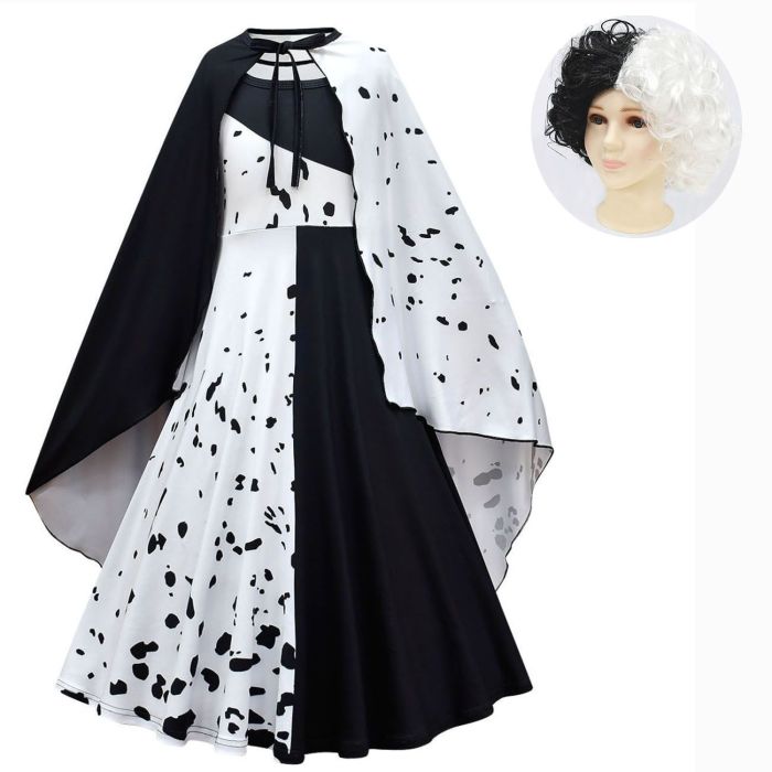 Movie Evil Madame Cruella De Vil Cosplay Costume Kids Gown Black White Maid Dress Cloak Wig