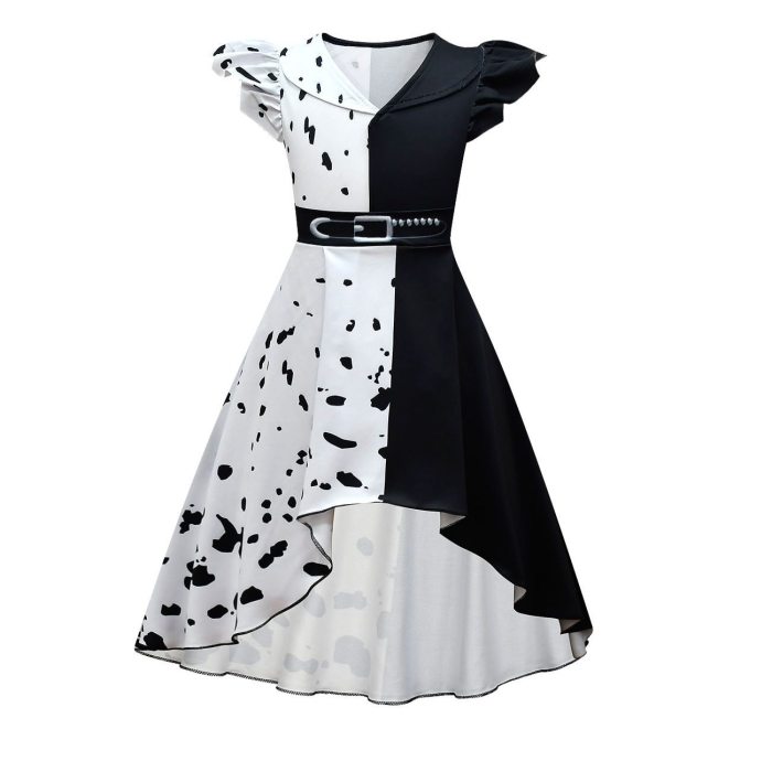 Movie Halloween Costumes For Kids Girls Cruella De Vil Cosplay Fancy Black White Maid Princess Dresses Outfits