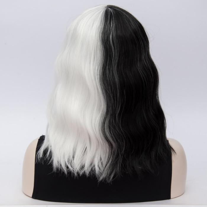 Cruella Deville De Vil Cosplay Wigs Curly Half White Half Black Heat Resistant Synthetic Hair Wig + Wig Cap