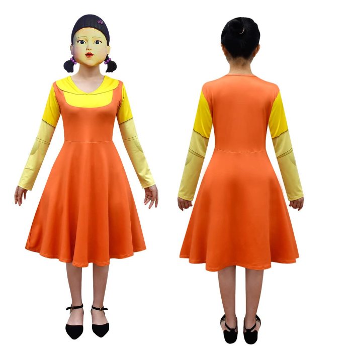 Justincity Girl Doll Costume, Red Light Green Light Game Costume Dress For Girls,Role Playing Orange Dress With Mask
