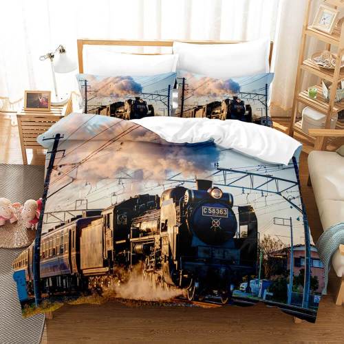 Steam Engine Train Vintage Locomotive Bedding Set Duvet Cover Sheets