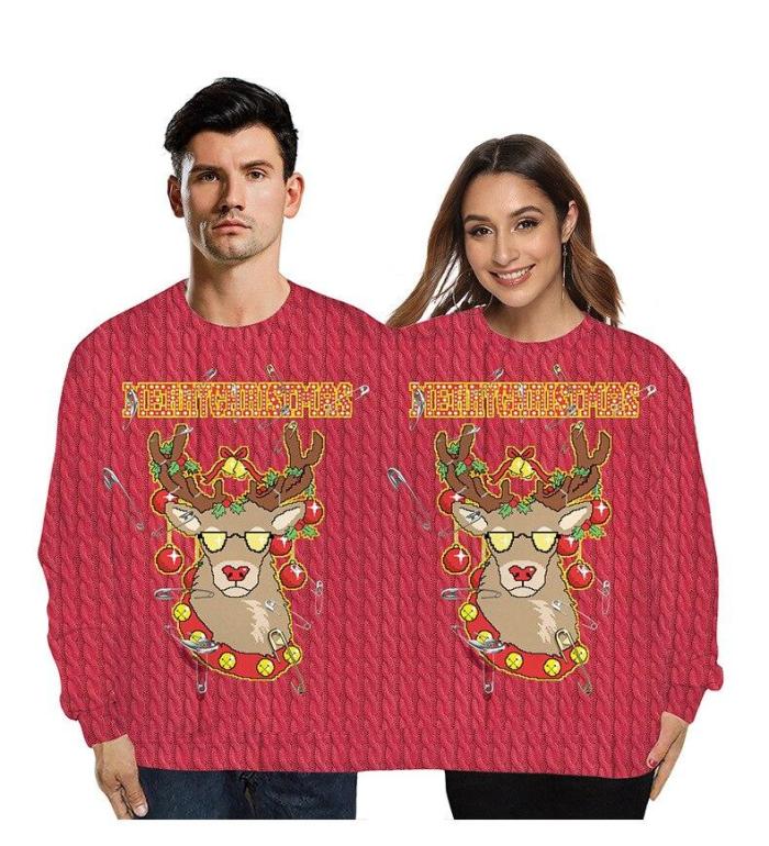Funny Christmas Sweater Holiday Spoof 3D Printing Couples Two-Piece Double Loose Lovers Sweatshirt