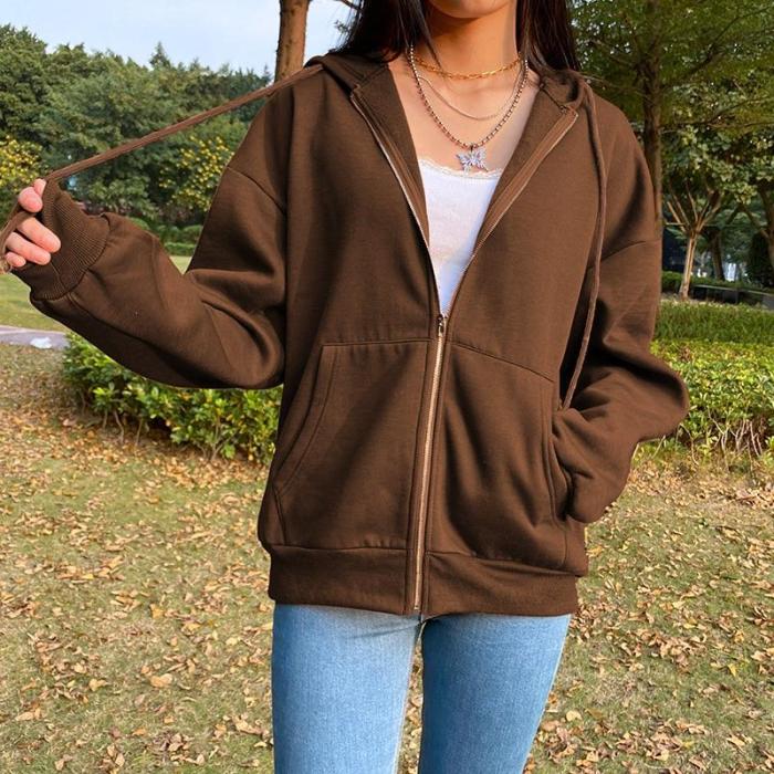 Brown Zip Hooded Sweatshirt Winter Jacket Top Oversized Hoodie Retro Pocket Woman Clothes Long Sleeve Pullover