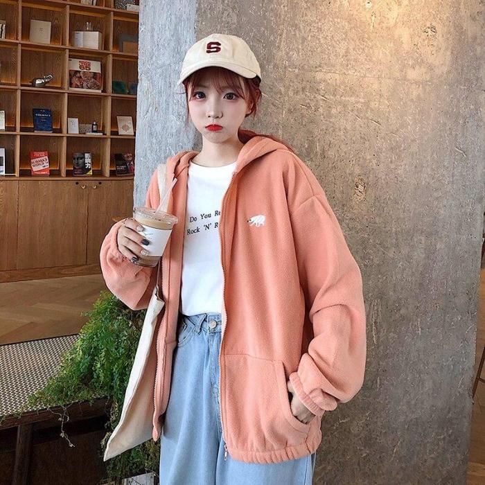 Lamb Imitation Plush Zip-Up Plus Velvet Thick Women Hoodies Jacket Autumn Winter Korean Style Fashion Loose Zipper Sweatshirt