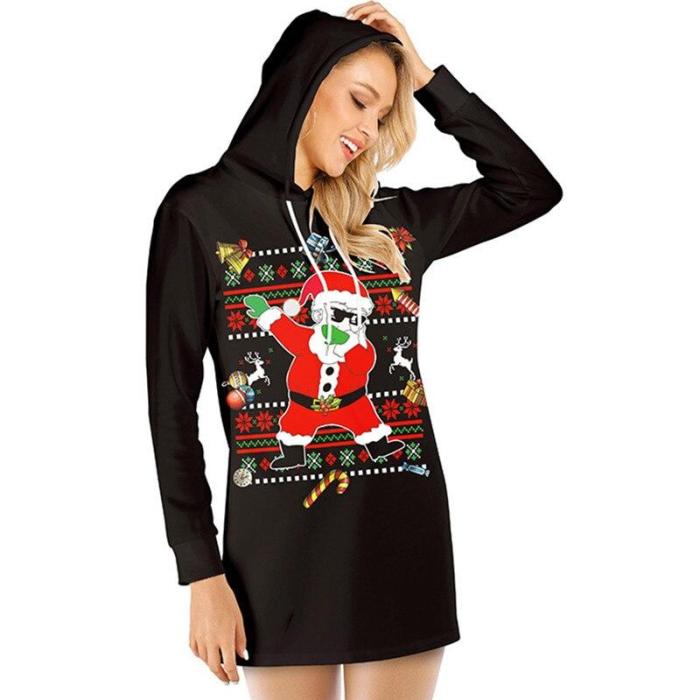Autumn And Winter Christmas   Reindeer Digital 3D Printing Women'S Casual Hooded Sweater Long-Sleeved Sweater Skirt