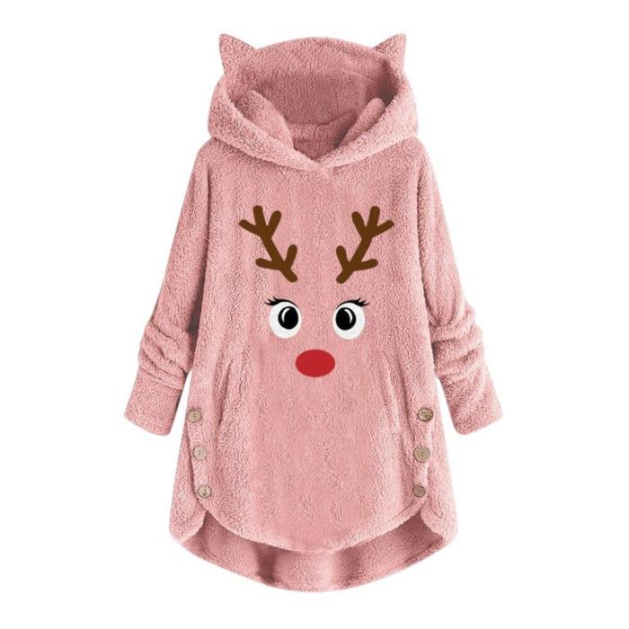 Women Printed Cat Ears Hooded Large Size Long Sleeve Button Sweater Warm Pullover Christmas Casual Tops Hoodie