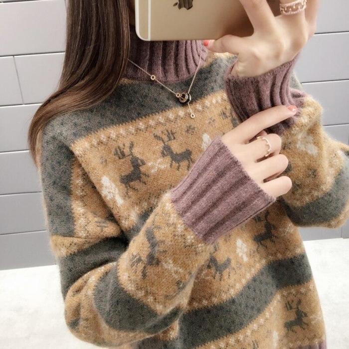 Fashion Casual Christmas Sweater Women  Winter Warm Jumper Loose Knitted Cashmere Sweater Pullover Top Pull Hiver Femme