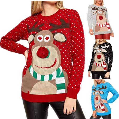 Women Ugly Christmas Sweater  Deer Knitted  Long Sleeve Jumper Tops O-Neck Christmas Santa Claus Blouse