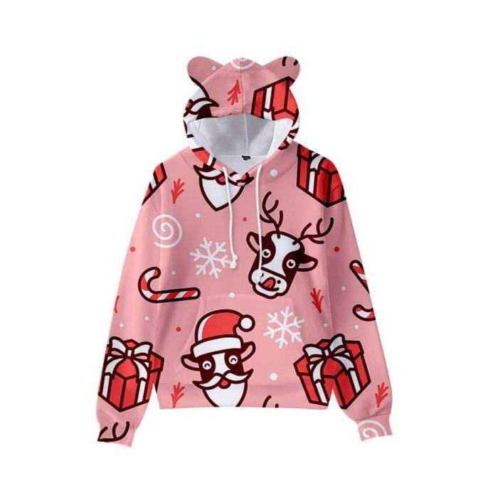 Christmas Printed Cute Cat Ear Sweater Stylish Kids Santa Claus Novelty Ugly Warm Sweatshirt