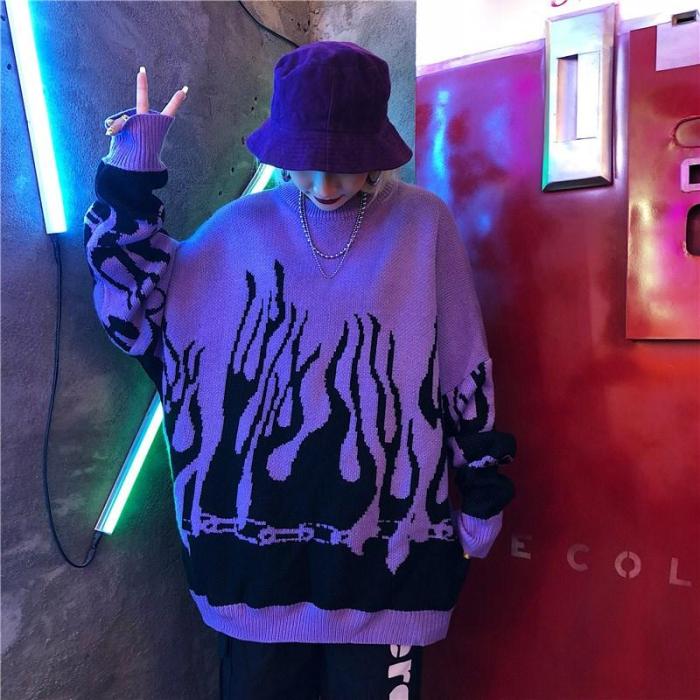 Autumn Winter Harajuku Flame Knitting Batwing Sleeve Sweater Casual Long Women Tide Printed Sweater Loose Boyfriend Pullovers