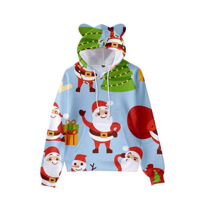 Christmas Printed Cute Cat Ear Sweater Stylish Kids Santa Claus Novelty Ugly Warm Sweatshirt
