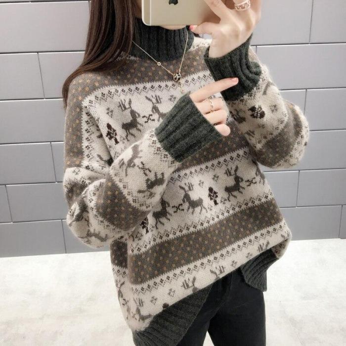 Fashion Casual Christmas Sweater Women  Winter Warm Jumper Loose Knitted Cashmere Sweater Pullover Top Pull Hiver Femme